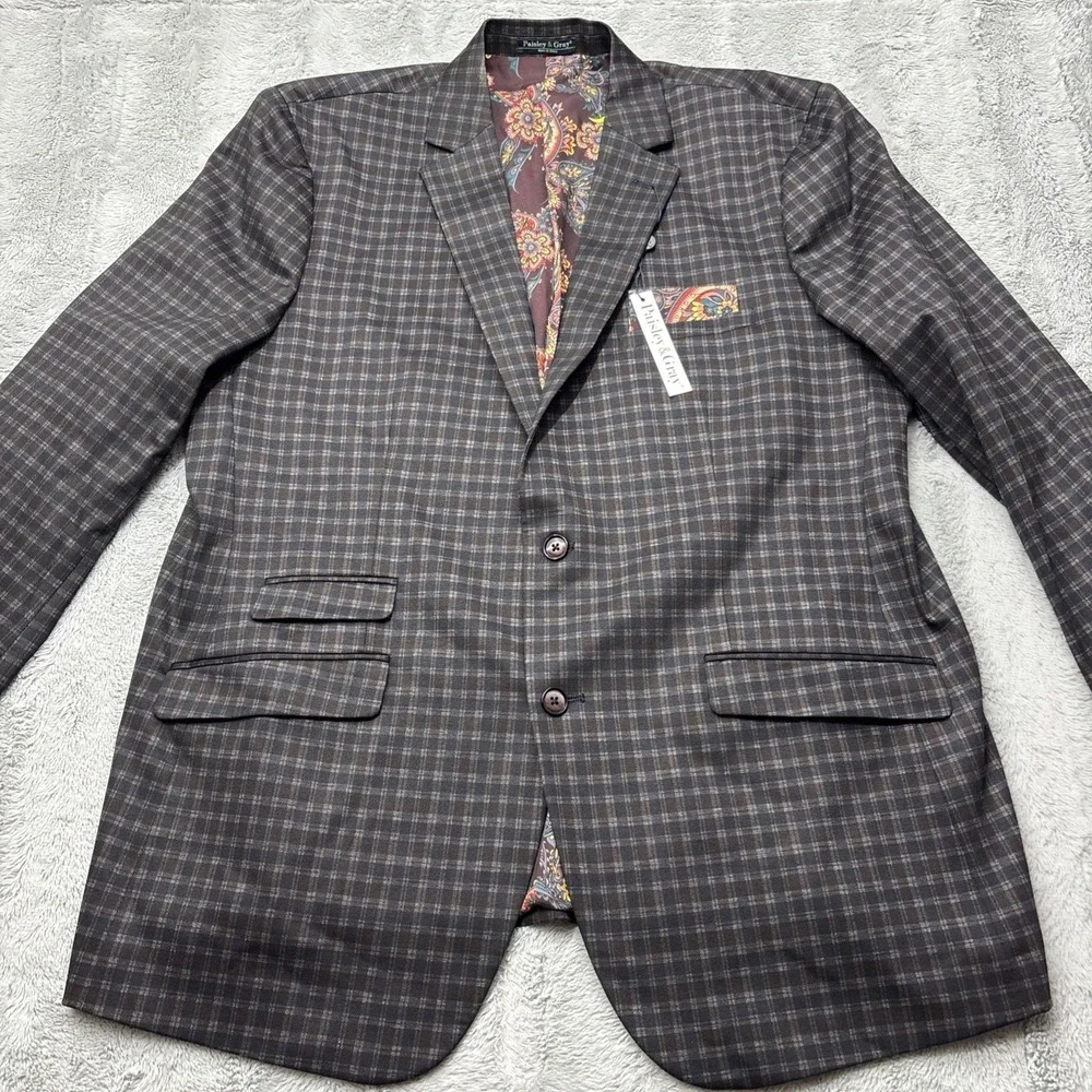 Paisley & Gray Mens Slim fit Sport Coat Blazer 50R Wine‎ Navy Check 5969J